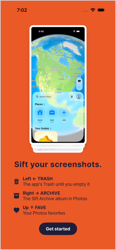 Welcome screen: swipe left to Trash, right to Archive, up to Fave, and a Get started button
