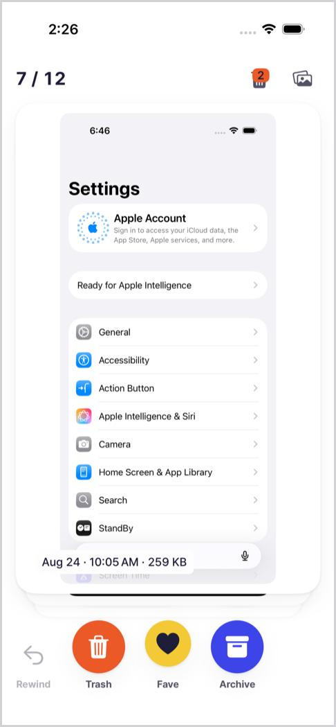 Review screen: a Settings screenshot as a card, with Rewind, Trash, Fave and Archive buttons