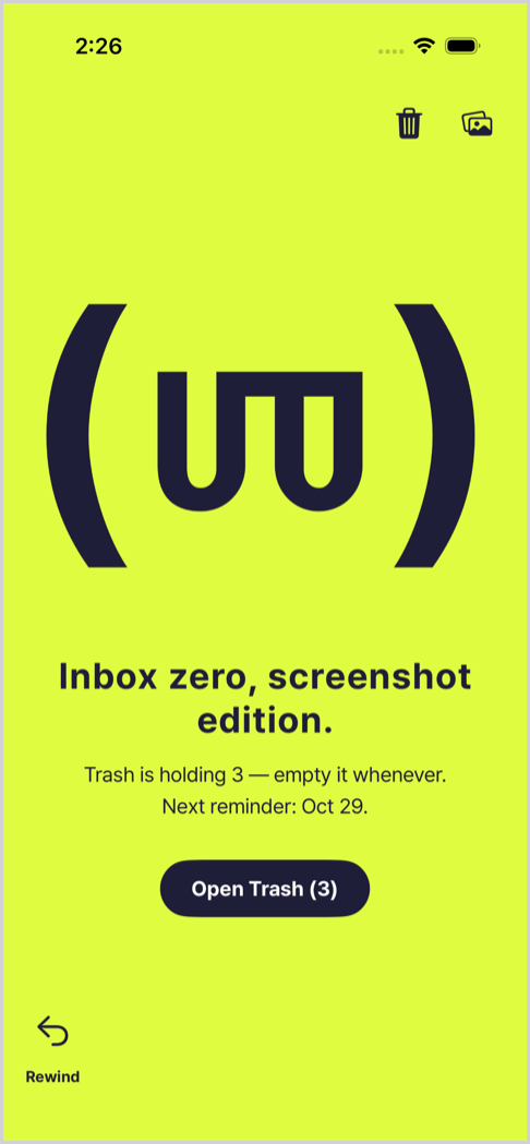 All-done screen: Inbox zero, screenshot edition, with an Open Trash button