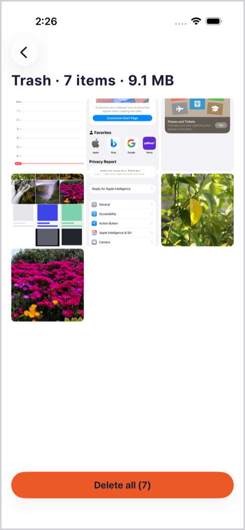 Trash screen: seven screenshots in a grid above a Delete all button