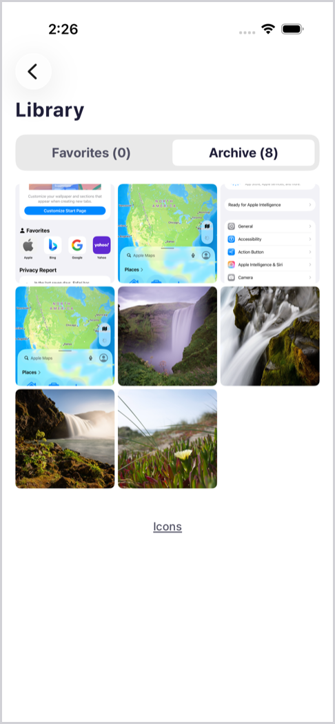 Library screen: the Archive tab with eight archived screenshots